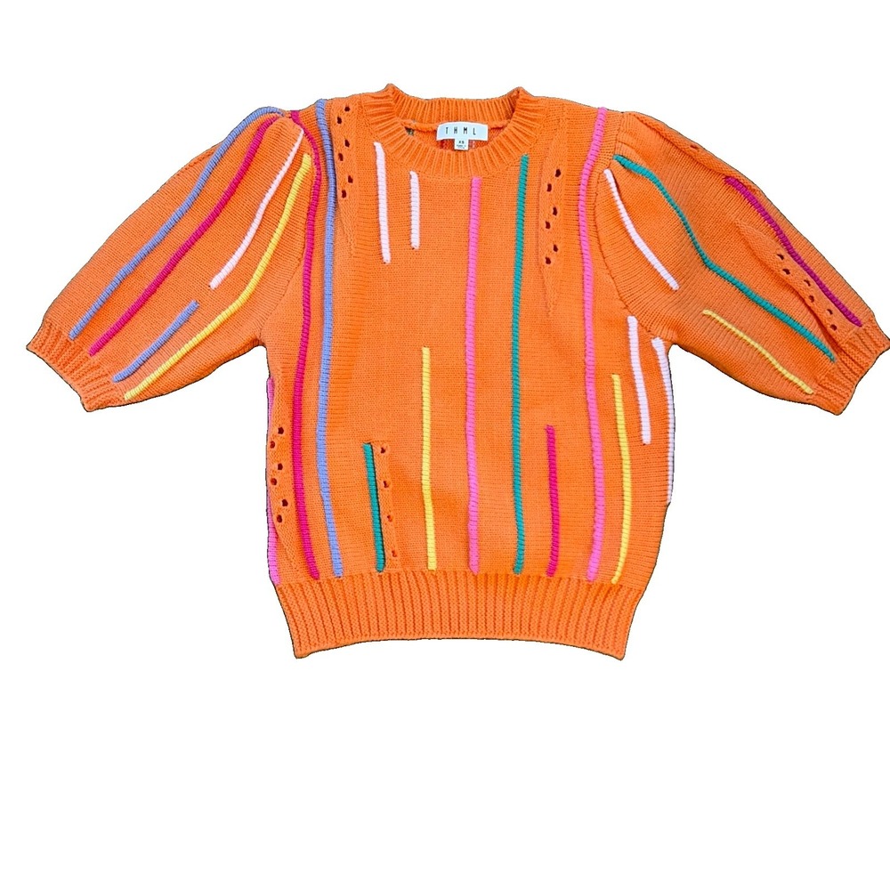 THML Orange You Thankful Stripe Puff Sleeve Crew Neck Sweater Dopamine Color XS
